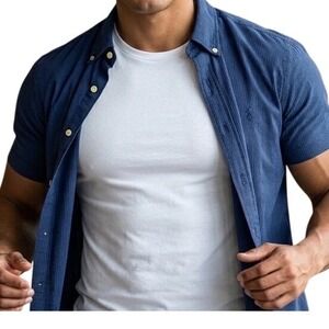 Ralph Lauren Mens XL Classic Fit Seersucker Short Sleeve Shirt Navy Blue